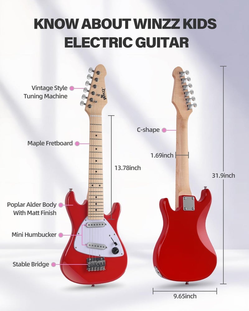 Winzz 30 Inch Kids Electric Guitar Beginner Kit, Junior 1/4 Size Mini Electric Guitar for Children Complete Stater Set with Amp, Gloosy Red Colour - Image 5